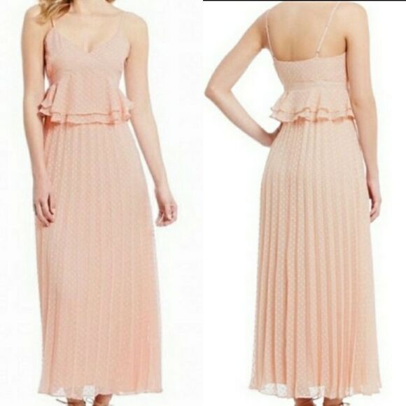 Gianni Bini Cottage Core Swiss Dot Ruffle Pleated Sweetheart Spaghetti Maxi Sz 4 - Picture 1 of 11